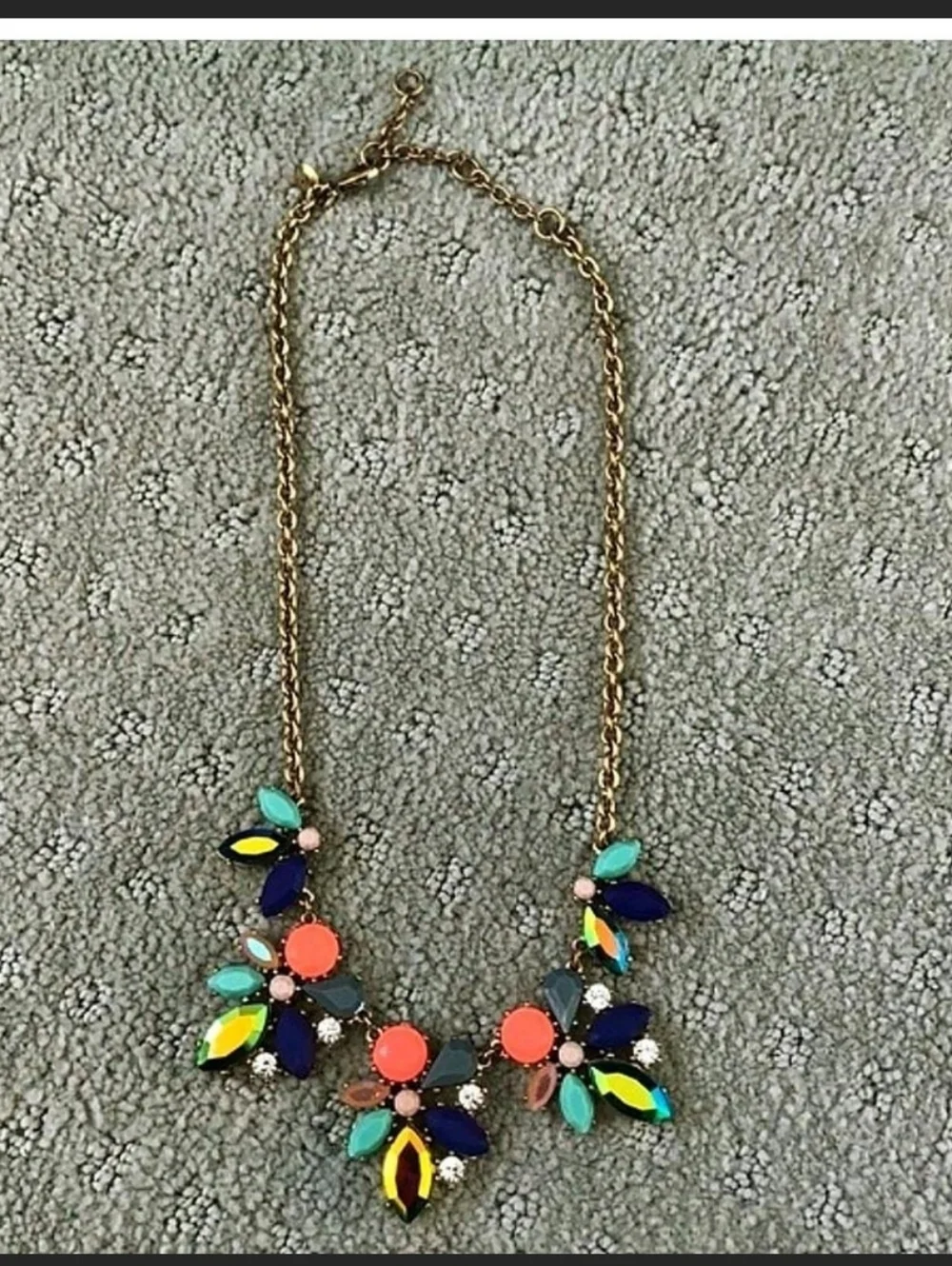 J. Crew Orange Blue Gray Turquoise Crystal Gold Tone Statement Necklace - Picture 2 of 3